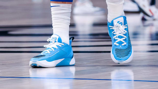 Blue and white Jordan Luka 1 shoes.